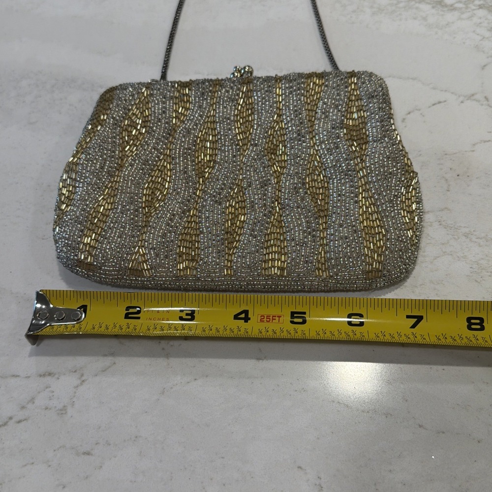 Vintage Delill Beaded Evening Bag Seed Bead Purse Silver &Gold Detachable Chain - Picture 13 of 16